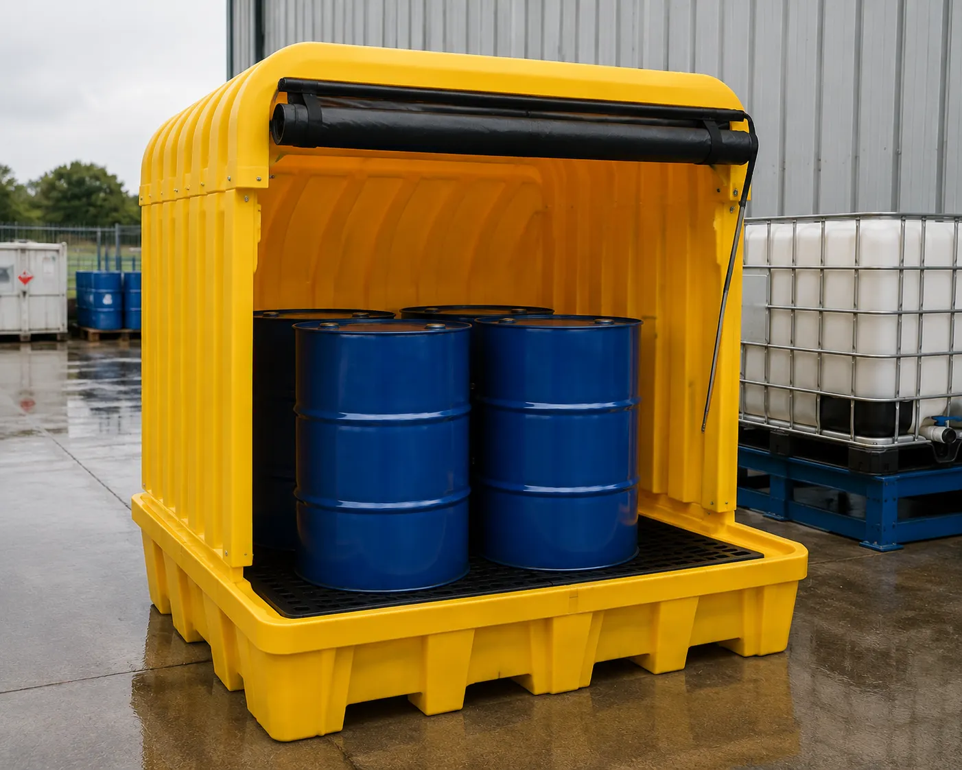 Weatherproof covered spill pallet storing chemical drums safely outdoors in Ireland